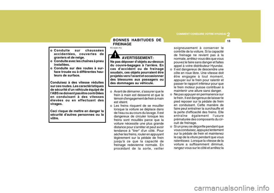 Hyundai Coupe 2005  Manuel du propriétaire (in French) 2
COMMENT CONDUIRE VOTRE HYUNDAI
15
!
FC140A1-FU BONNES HABITUDES DE FREINAGE
AVERTISSEMENT:
Ne pas déposer dobjets au-dessus du couvre-bagages à larrière. En cas daccident ou de freinagesoudain