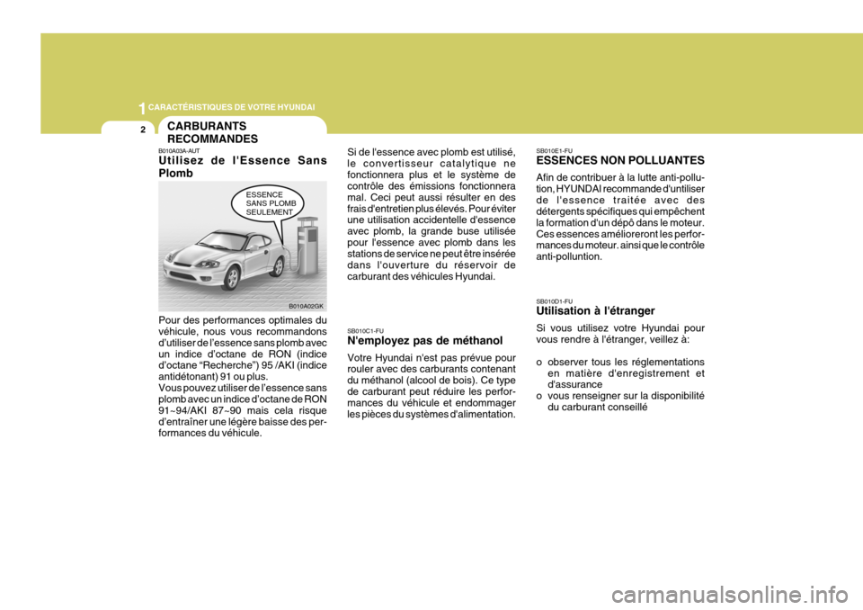 Hyundai Coupe 2005 Manuel du propriétaire (in French) 1CARACTÉRISTIQUES DE VOTRE HYUNDAI
2CARBURANTS RECOMMANDES
B010A03A-AUT Utilisez de lEssence Sans Plomb Pour des performances optimales du véhicule, nous vous recommandons d’utiliser de l’essen Hyundai Coupe 2005 Manuel du propriétaire (in French) 1CARACTÉRISTIQUES DE VOTRE HYUNDAI
2CARBURANTS RECOMMANDES
B010A03A-AUT Utilisez de lEssence Sans Plomb Pour des performances optimales du véhicule, nous vous recommandons d’utiliser de l’essen
