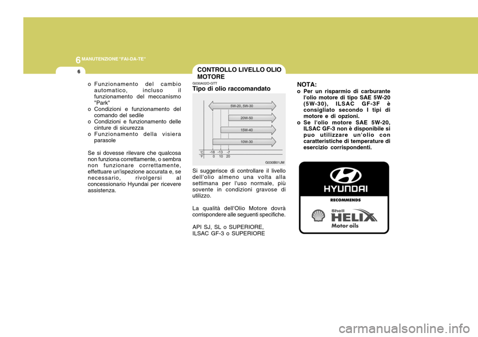 Hyundai Coupe 2005 Manuale del proprietario (in Italian) 6MANUTENZIONE "FAI-DA-TE"
6CONTROLLO LIVELLO OLIO MOTORE
G030A02O-GTT
Tipo di olio raccomandato Si suggerisce di controllare il livello
dellolio almeno una volta alla settimana per luso normale, pià Hyundai Coupe 2005 Manuale del proprietario (in Italian) 6MANUTENZIONE "FAI-DA-TE"
6CONTROLLO LIVELLO OLIO MOTORE
G030A02O-GTT
Tipo di olio raccomandato Si suggerisce di controllare il livello
dellolio almeno una volta alla settimana per luso normale, piÃ
