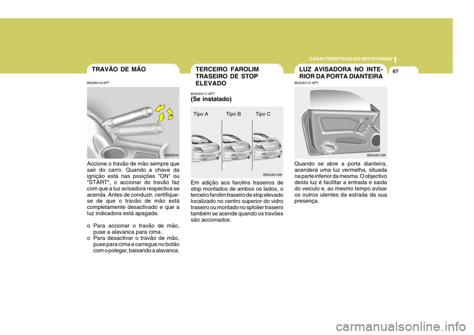 Hyundai Coupe 2005 Manual do proprietário (in Portuguese) 1
CARACTERÍSTICAS DO SEU HYUNDAI
67TERCEIRO FAROLIM TRASEIRO DE STOPELEVADO
B550A01Y-APT (Se instalado) Em adição aos farolins traseiros de stop montados de ambos os lados, o terceiro farolim trase Hyundai Coupe 2005 Manual do proprietário (in Portuguese) 1
CARACTERÍSTICAS DO SEU HYUNDAI
67TERCEIRO FAROLIM TRASEIRO DE STOPELEVADO
B550A01Y-APT (Se instalado) Em adição aos farolins traseiros de stop montados de ambos os lados, o terceiro farolim trase