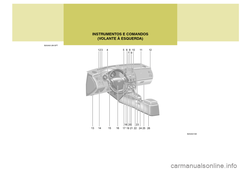 Hyundai Coupe 2005  Manual do proprietário (in Portuguese) B250A01JM-GPTINSTRUMENTOS E COMANDOS
(VOLANTE À ESQUERDA)
B250A01GK  