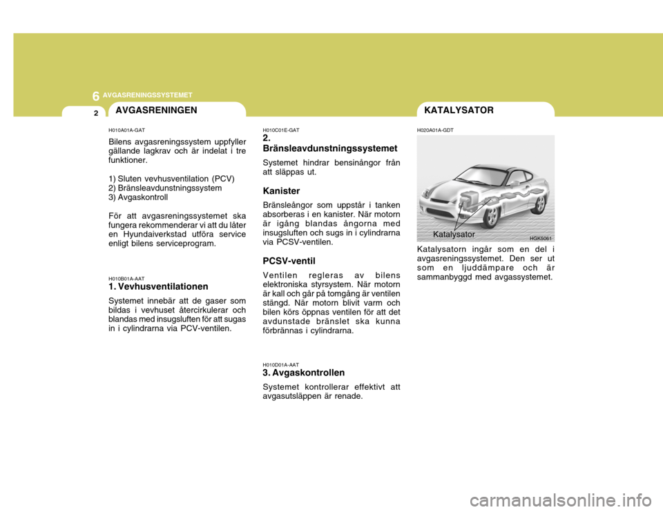 Hyundai Coupe 2005 Ägarmanual (in Swedish) 6AVGASRENINGSSYSTEMET
2
HGK5061Katalysator
H010A01A-GAT Bilens avgasreningssystem uppfyller
gällande lagkrav och är indelat i tre funktioner.
1) Sluten vevhusventilation (PCV)
2) Bränsleavdunstni Hyundai Coupe 2005 Ägarmanual (in Swedish) 6AVGASRENINGSSYSTEMET
2
HGK5061Katalysator
H010A01A-GAT Bilens avgasreningssystem uppfyller
gällande lagkrav och är indelat i tre funktioner.
1) Sluten vevhusventilation (PCV)
2) Bränsleavdunstni
