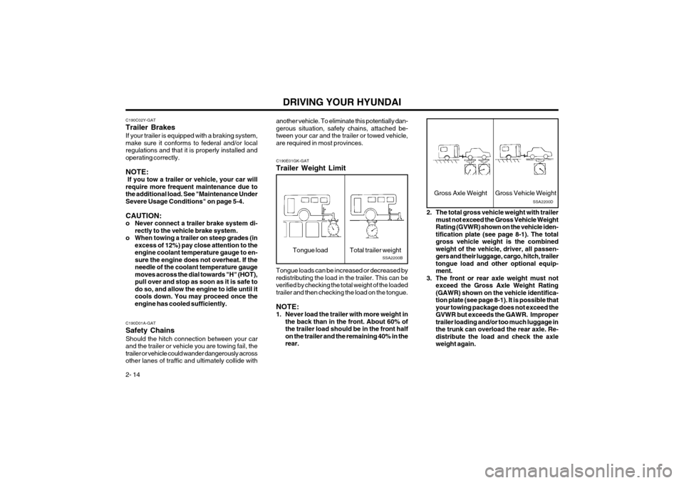 Hyundai Coupe 2004 Owners Guide DRIVING YOUR HYUNDAI
2- 14 2. The total gross vehicle weight with trailer
must not exceed the Gross Vehicle Weight Rating (GVWR) shown on the vehicle iden-tification plate (see page 8-1). The totalgro