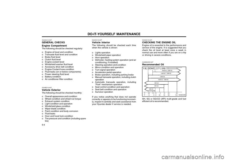 Hyundai Coupe 2004 Service Manual DO-IT-YOURSELF MAINTENANCE
6-4 G020A01A-AAT
GENERAL CHECKS Engine Compartment
The following should be checked regularly:
o Engine oil level and condition 
o Transaxle fluid level and condition
o Brake