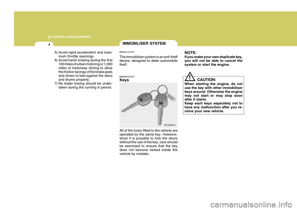 Hyundai Coupe 2004  Owners Manual 1CONTROLS AND EQUIPMENT
4
!
IMMOBILISER SYSTEM
B880B03A-EAT Keys All of the locks fitted to the vehicle are operated by the same key. However,since it is possible to lock the doors without the use of 