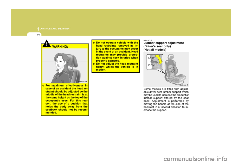 Hyundai Coupe 2004  Owners Manual 1CONTROLS AND EQUIPMENT
14
SB070E1-E Lumbar support adjustment (Drivers seat only)(Not all models) Some models are fitted with adjust- able driver seat lumbar support whichmay be used to increase the