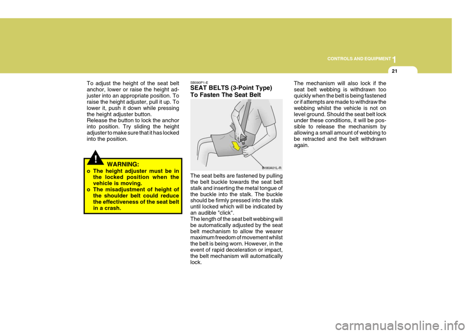 Hyundai Coupe 2004  Owners Manual 1
CONTROLS AND EQUIPMENT
21
SB090P1-E SEAT BELTS (3-Point Type) To Fasten The Seat Belt The seat belts are fastened by pulling the belt buckle towards the seat belt stalk and inserting the metal tongu