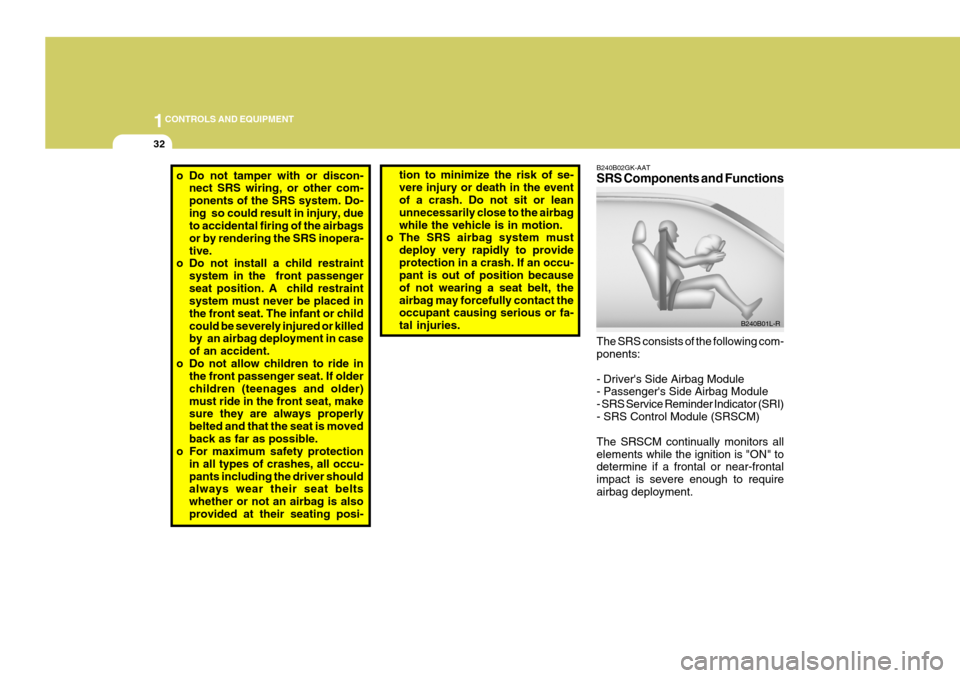 Hyundai Coupe 2004  Owners Manual 1CONTROLS AND EQUIPMENT
32
tion to minimize the risk of se- vere injury or death in the event of a crash. Do not sit or lean unnecessarily close to the airbagwhile the vehicle is in motion.
o The SRS 