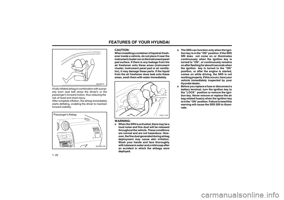 Hyundai Coupe 2004  Owners Manual FEATURES OF YOUR HYUNDAI
1- 22
A fully inflated airbag in combination with a prop- erly worn seat belt slows the drivers or thepassengers forward motion, thus reducing therisk of head and chest inju