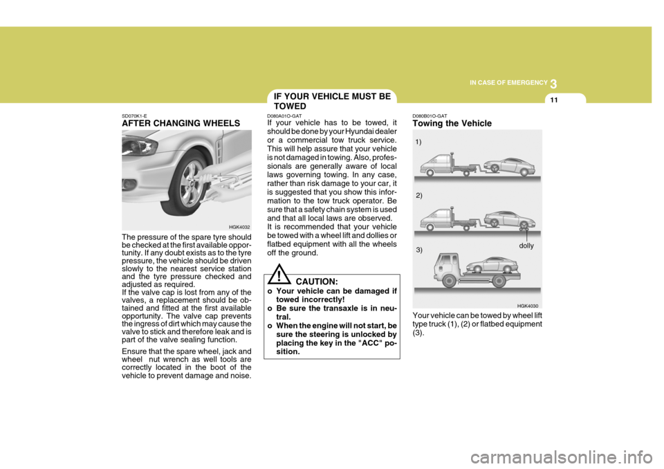 Hyundai Coupe 2004  Owners Manual 3
IN CASE OF EMERGENCY
11
SD070K1-E AFTER CHANGING WHEELS The pressure of the spare tyre should be checked at the first available oppor-tunity. If any doubt exists as to the tyre pressure, the vehicle