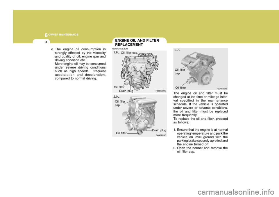 Hyundai Coupe 2004 Owners Manual 6OWNER MAINTENANCE
8ENGINE OIL AND FILTER REPLACEMENT
G040A04GK-EAT
o The engine oil consumption is
strongly effected by the viscosity and quality of oil, engine rpm and driving condition etc. More en Hyundai Coupe 2004 Owners Manual 6OWNER MAINTENANCE
8ENGINE OIL AND FILTER REPLACEMENT
G040A04GK-EAT
o The engine oil consumption is
strongly effected by the viscosity and quality of oil, engine rpm and driving condition etc. More en