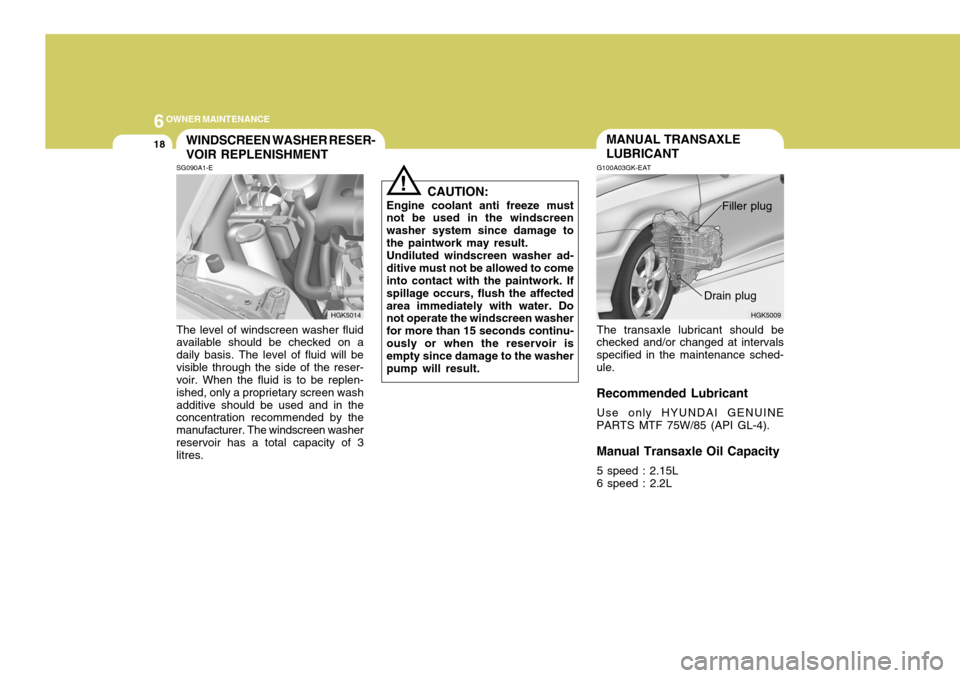 Hyundai Coupe 2004  Owners Manual 6OWNER MAINTENANCE
18MANUAL TRANSAXLE LUBRICANT
HGK5009
G100A03GK-EAT The transaxle lubricant should be
checked and/or changed at intervals specified in the maintenance sched-ule. Recommended Lubrican