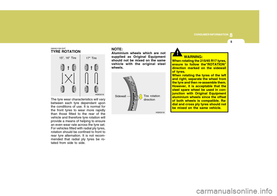 Hyundai Coupe 2004 Owners Manual 8
CONSUMER INFORMATION
5
HGK5016
!
I060A01GK-EAT TYRE ROTATION The tyre wear characteristics will vary between each tyre dependant upon the conditions of use. It is normal for the front tyres to wear Hyundai Coupe 2004 Owners Manual 8
CONSUMER INFORMATION
5
HGK5016
!
I060A01GK-EAT TYRE ROTATION The tyre wear characteristics will vary between each tyre dependant upon the conditions of use. It is normal for the front tyres to wear