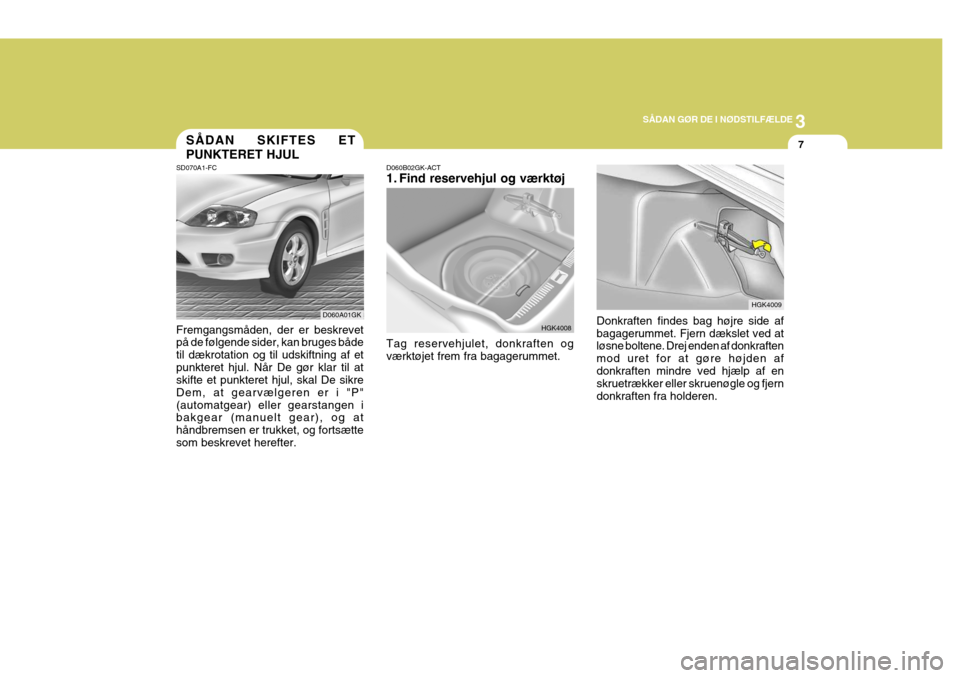 Hyundai Coupe 2004 Instruktionsbog (in Danish) 3
SÅDAN GØR DE I NØDSTILFÆLDE
7
SD070A1-FC SÅDAN SKIFTES ET PUNKTERET HJUL
Fremgangsmåden, der er beskrevet på de følgende sider, kan bruges både til dækrotation og til udskiftning af etpunk Hyundai Coupe 2004 Instruktionsbog (in Danish) 3
SÅDAN GØR DE I NØDSTILFÆLDE
7
SD070A1-FC SÅDAN SKIFTES ET PUNKTERET HJUL
Fremgangsmåden, der er beskrevet på de følgende sider, kan bruges både til dækrotation og til udskiftning af etpunk