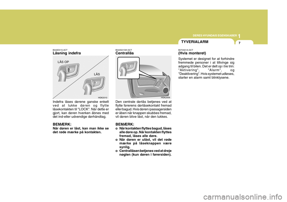 Hyundai Coupe 2004  Instruktionsbog (in Danish) 1
DERES HYUNDAIS EGENSKABER
7
B040G01GK-GCT Centrallås Den centrale dørlås betjenes ved at flytte førerens dørlåsekontakt fremad eller bagud. Hvis døren i passagersidener åben når knappen sku