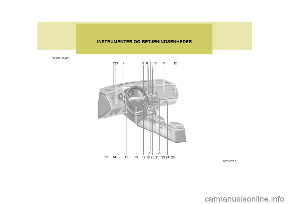 Hyundai Coupe 2004  Instruktionsbog (in Danish) B250A01GK-GCTINSTRUMENTER OG BETJENINGSENHEDER
B250A01GK-1  