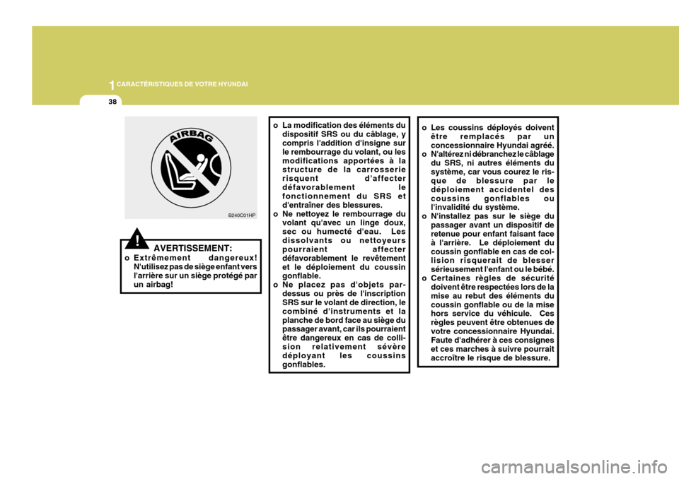 Hyundai Coupe 2004  Manuel du propriétaire (in French) 1CARACTÉRISTIQUES DE VOTRE HYUNDAI
38
o Les coussins déployés doivent
être remplacés par un concessionnaire Hyundai agréé.
o Naltérez ni débranchez le câblage
du SRS, ni autres éléments d