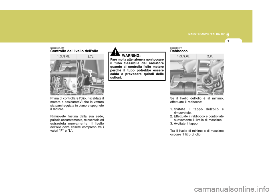 Hyundai Coupe 2004  Manuale del proprietario (in Italian) 6
MANUTENZIONE "FAI-DA-TE"
7
G030C02A-ATT
Controllo del livello dellolio
Prima di controllare lolio, riscaldate il motore e assicurateVi che la vetturasia parcheggiata in piano e spegnete il motore.