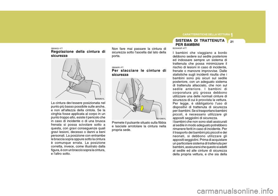Hyundai Coupe 2004  Manuale del proprietario (in Italian) 1
CARATTERISTICHE DELLA VETTURA
21
SB090Q1-FT Regolazione della cintura di sicurezza La cintura devessere posizionata nel punto più basso possibile sulle anche, e non allaltezza della cintola. Se l