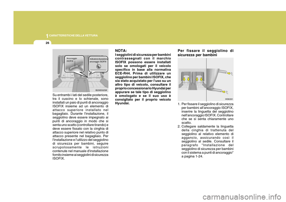 Hyundai Coupe 2004  Manuale del proprietario (in Italian) 1CARATTERISTICHE DELLA VETTURA
26
Su entrambi i lati del sedile posteriore, tra il cuscino e lo schienale, sono installati un paio di punti di ancoraggio ISOFIX insieme ad un elemento diattacco superi