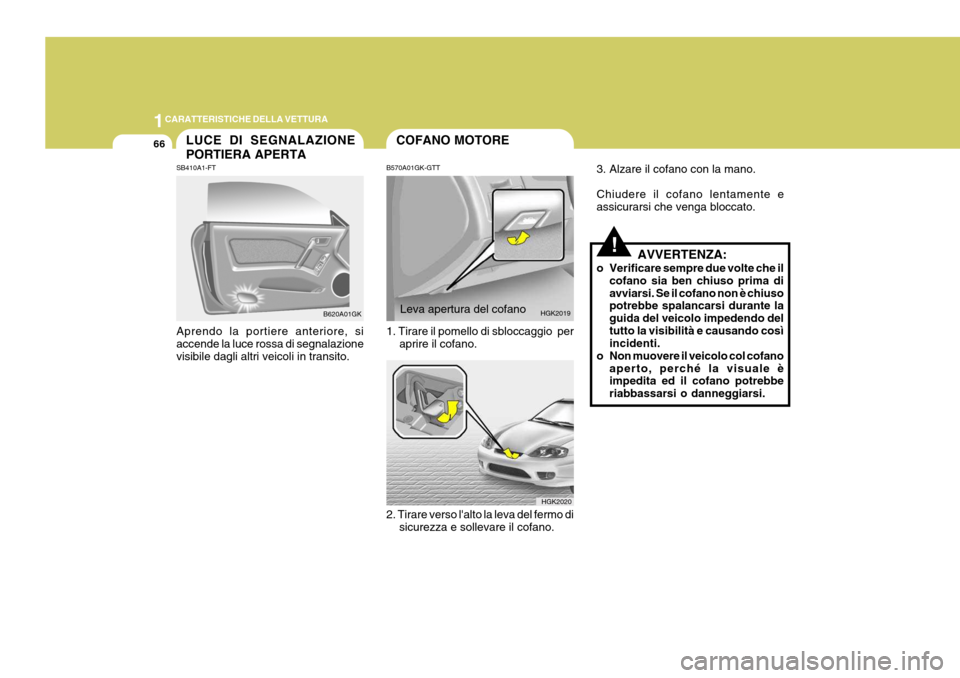 Hyundai Coupe 2004 Manuale del proprietario (in Italian) 1CARATTERISTICHE DELLA VETTURA
66LUCE DI SEGNALAZIONE PORTIERA APERTA
SB410A1-FT Aprendo la portiere anteriore, si accende la luce rossa di segnalazionevisibile dagli altri veicoli in transito.
B620A0 Hyundai Coupe 2004 Manuale del proprietario (in Italian) 1CARATTERISTICHE DELLA VETTURA
66LUCE DI SEGNALAZIONE PORTIERA APERTA
SB410A1-FT Aprendo la portiere anteriore, si accende la luce rossa di segnalazionevisibile dagli altri veicoli in transito.
B620A0