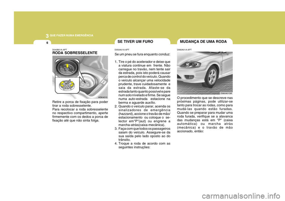 Hyundai Coupe 2004  Manual do proprietário (in Portuguese) 3 QUE FAZER NUMA EMERGÊNCIA
6
D040B01A-APT RODA SOBRESSELENTE Retire a porca de fixação para poder tirar a roda sobresselente.Para recolocar a roda sobresselente no respectivo compartimento, aperte