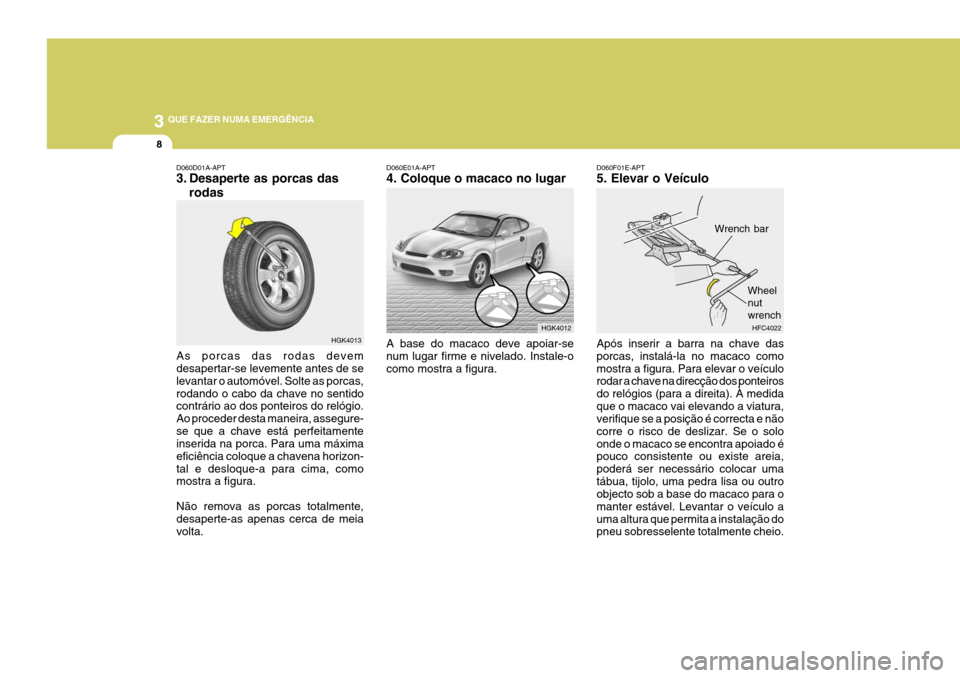 Hyundai Coupe 2004  Manual do proprietário (in Portuguese) 3 QUE FAZER NUMA EMERGÊNCIA
8
HGK4013
D060D01A-APT 
3. Desaperte as porcas das
rodas
As porcas das rodas devem desapertar-se levemente antes de se levantar o automóvel. Solte as porcas,rodando o cab