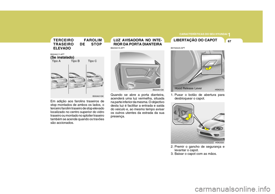 Hyundai Coupe 2004  Manual do proprietário (in Portuguese) 1
CARACTERÍSTICAS DO SEU HYUNDAI
67TERCEIRO FAROLIM TRASEIRO DE STOPELEVADO
B550A01Y-APT (Se instalado) Em adição aos farolins traseiros de stop montados de ambos os lados, o terceiro farolim trase