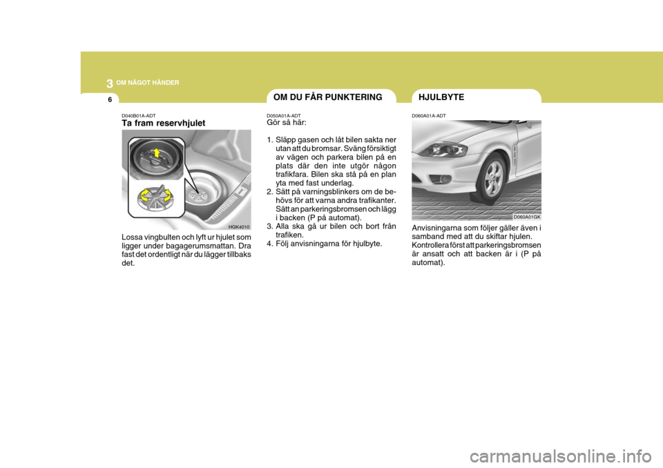 Hyundai Coupe 2004 Ägarmanual (in Swedish) 3 OM NÅGOT HÄNDER
6HJULBYTEOM DU FÅR PUNKTERING
HGK4010
D040B01A-ADT Ta fram reservhjulet Lossa vingbulten och lyft ur hjulet som ligger under bagagerumsmattan. Dra fast det ordentligt när du läg Hyundai Coupe 2004 Ägarmanual (in Swedish) 3 OM NÅGOT HÄNDER
6HJULBYTEOM DU FÅR PUNKTERING
HGK4010
D040B01A-ADT Ta fram reservhjulet Lossa vingbulten och lyft ur hjulet som ligger under bagagerumsmattan. Dra fast det ordentligt när du läg