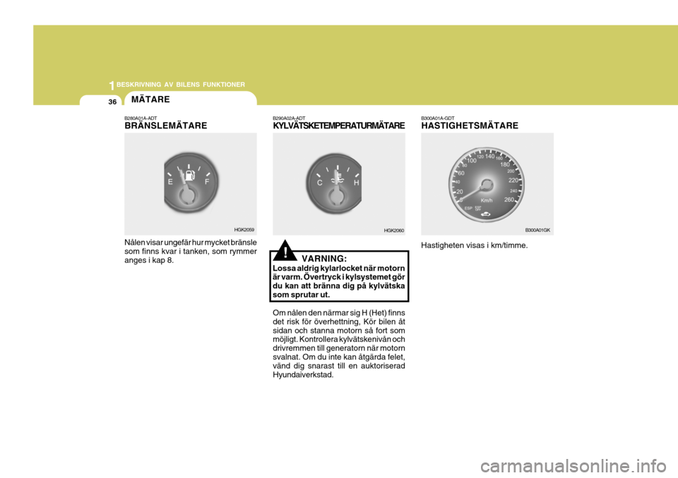 Hyundai Coupe 2004  Ägarmanual (in Swedish) 1BESKRIVNING AV BILENS FUNKTIONER
36
B300A01A-GDT HASTIGHETSMÄTARE
Hastigheten visas i km/timme.MÄTARE
Nålen visar ungefär hur mycket bränsle som finns kvar i tanken, som rymmeranges i kap 8.
B28