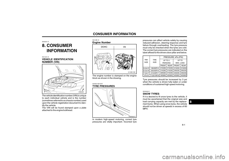 Hyundai Coupe 2003  Owners Manual CONSUMER INFORMATION 8-1
SI010B1-E Engine Number
SI010A1-E VEHICLE IDENTIFICATION NUMBER (VIN)
SI000A1-E 
8. CONSUMER
INFORMATION
The vehicle identification number (VIN) is unique to each individual v