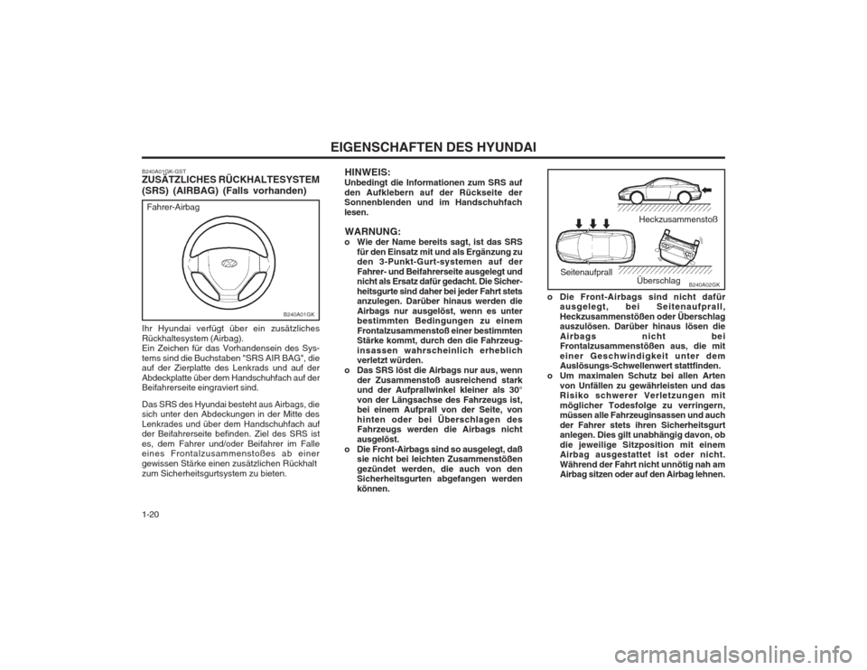 Hyundai Coupe 2003  Betriebsanleitung (in German) EIGENSCHAFTEN DES HYUNDAI
1-20
Heckzusammenstoß
Seitenaufprall Überschlag
B240A02GK
HINWEIS:
Unbedingt die Informationen zum SRS auf 
den Aufklebern auf der Rückseite der Sonnenblenden und im Hands