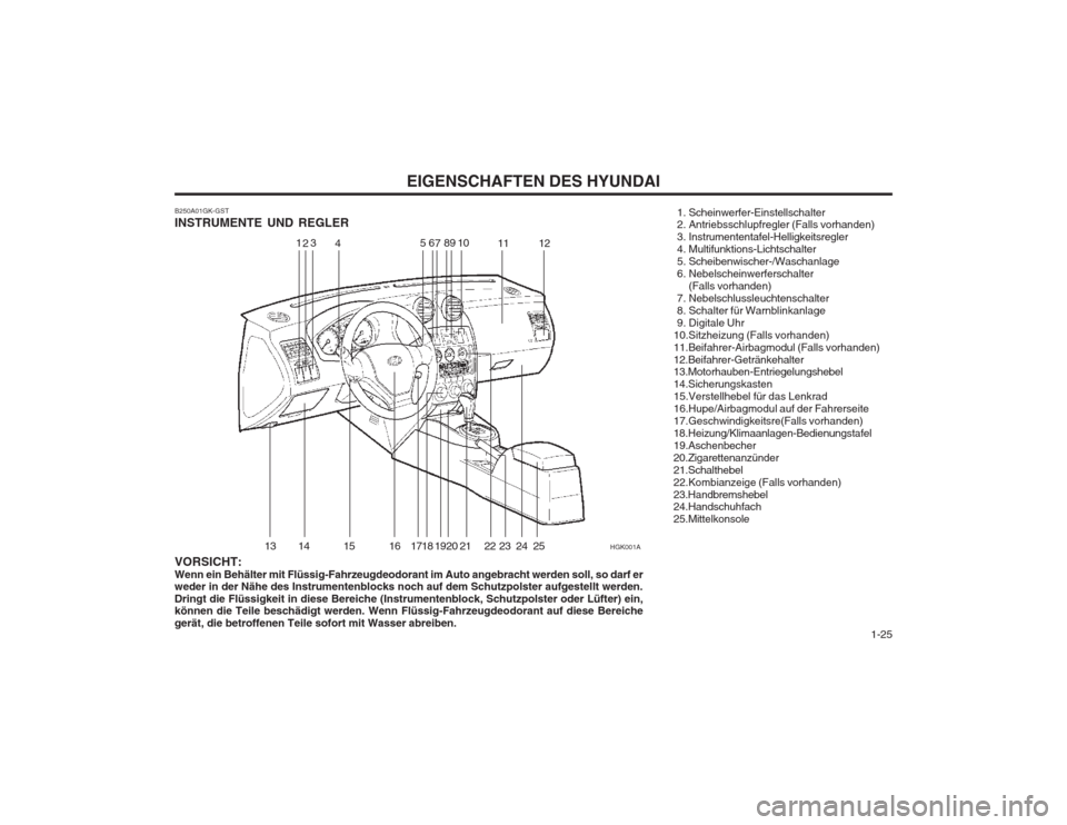 Hyundai Coupe 2003  Betriebsanleitung (in German)   1-25
EIGENSCHAFTEN DES HYUNDAI
B250A01GK-GST INSTRUMENTE UND REGLER VORSICHT: Wenn ein Behälter mit Flüssig-Fahrzeugdeodorant im Auto angebracht werden soll, so darf er weder in der Nähe des Inst