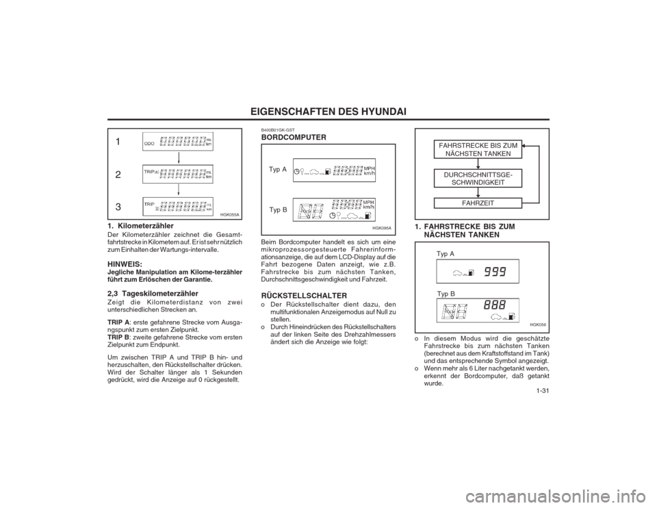 Hyundai Coupe 2003  Betriebsanleitung (in German)   1-31
EIGENSCHAFTEN DES HYUNDAI
FAHRSTRECKE BIS ZUMNÄCHSTEN TANKEN
DURCHSCHNITTSGE- SCHWINDIGKEIT
FAHRZEIT
B400B01GK-GST BORDCOMPUTER
Beim Bordcomputer handelt es sich um eine mikroprozessorgesteuer