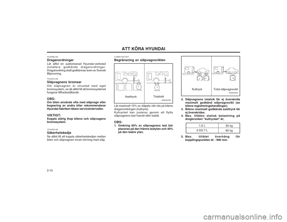 Hyundai Coupe 2003  Ägarmanual (in Swedish) ATT KÖRA HYUNDAI
2-10
SSA2200D
Kultryck Total släpvagnsvikt
1.6 L
2.0/2.7 L 50 kg 60 kg
5. Max. tillåtet överhäng för
kopplingspunkten är : 990 mm.
C190E01GK-GDT Begränsning av släpvagnsvikte