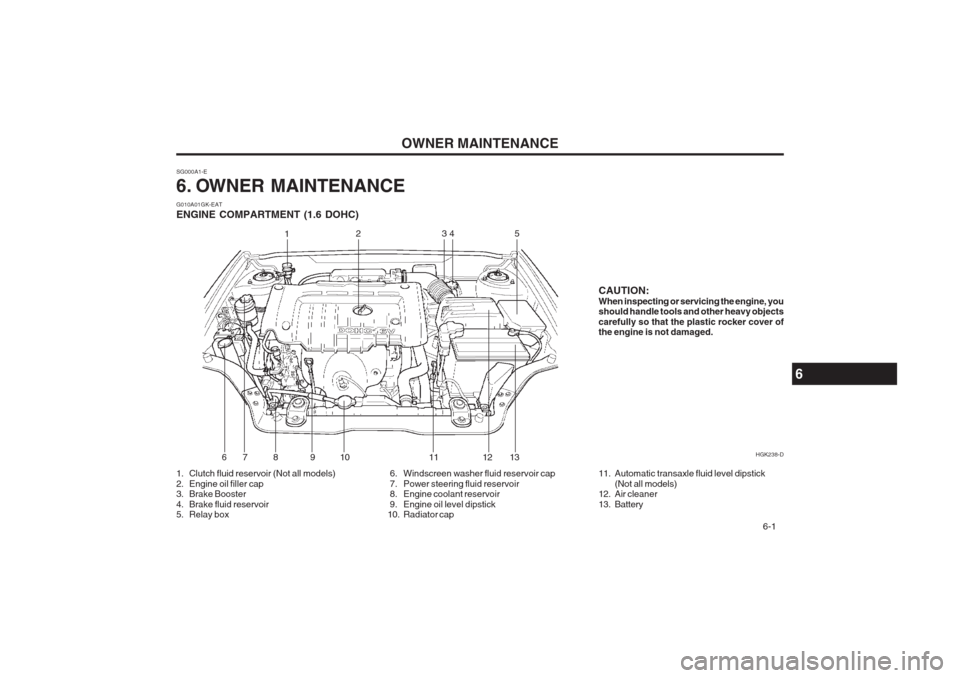 Hyundai Coupe 2002 Owners Manual OWNER MAINTENANCE 6-1
CAUTION: When inspecting or servicing the engine, you should handle tools and other heavy objects carefully so that the plastic rocker cover of the engine is not damaged.
SG000A Hyundai Coupe 2002 Owners Manual OWNER MAINTENANCE 6-1
CAUTION: When inspecting or servicing the engine, you should handle tools and other heavy objects carefully so that the plastic rocker cover of the engine is not damaged.
SG000A