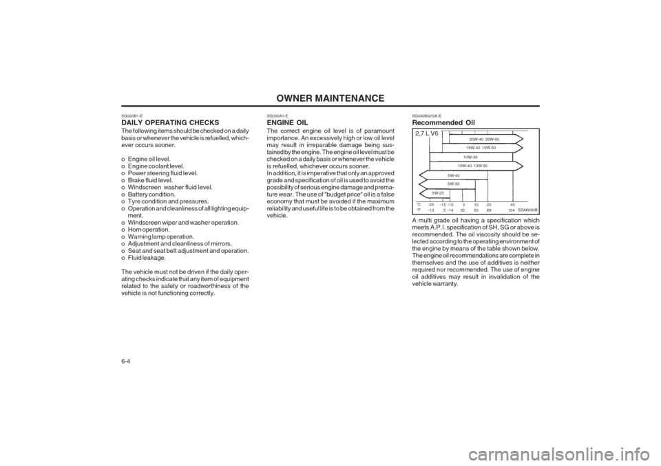 Hyundai Coupe 2002 Owners Manual OWNER MAINTENANCE
6-4
SG020B1-E DAILY OPERATING CHECKS The following items should be checked on a daily basis or whenever the vehicle is refuelled, which- ever occurs sooner.
o Engine oil level.
o E Hyundai Coupe 2002 Owners Manual OWNER MAINTENANCE
6-4
SG020B1-E DAILY OPERATING CHECKS The following items should be checked on a daily basis or whenever the vehicle is refuelled, which- ever occurs sooner.
o Engine oil level.
o E