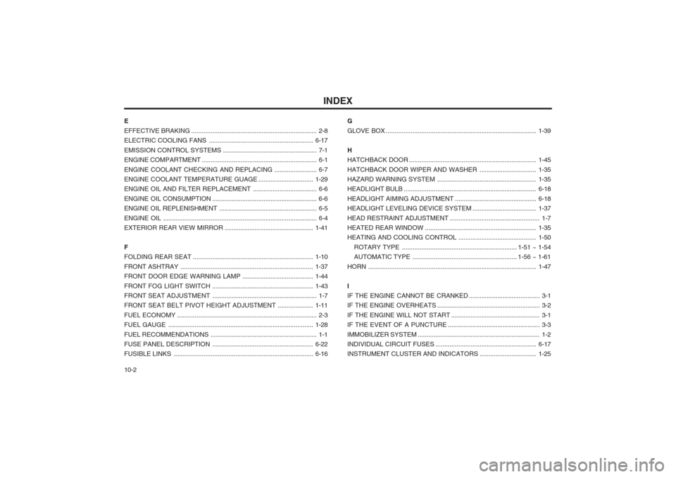 Hyundai Coupe 2002  Owners Manual INDEX
10-2
E EFFECTIVE BRAKING
....................................................................... 2-8
ELECTRIC COOLING  FANS ........................................................... 6-17
EMISS