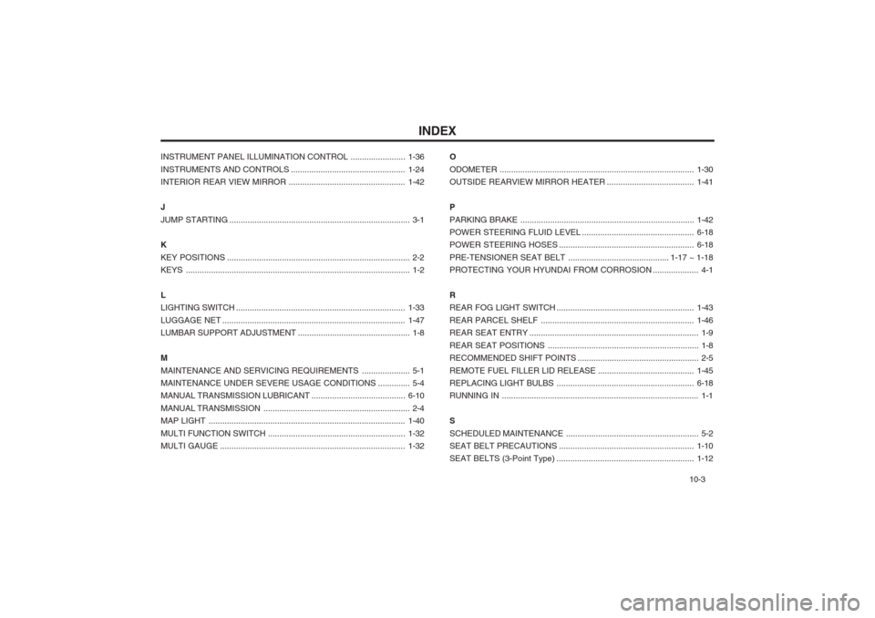 Hyundai Coupe 2002  Owners Manual INDEX10-3
INSTRUMENT PANEL ILLUMINATION CONTROL
........................1-36
INSTRUMENTS AND CONTROLS ..................................................1-24
INTERIOR REAR VIEW MIRROR .................