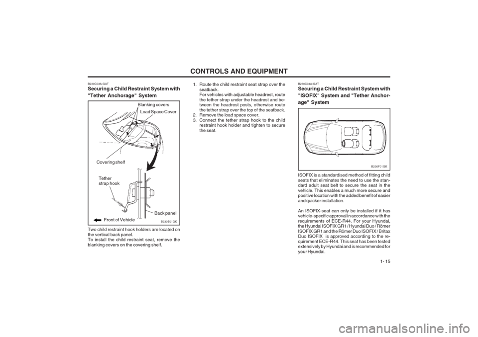 Hyundai Coupe 2002 Owners Guide CONTROLS AND EQUIPMENT1- 15
B230E01GK
Covering shelf
Back panel
Front of Vehicle
Tether strap hook
B230C03A-GAT Securing a Child Restraint System with "Tether Anchorage" System Two child restraint hoo Hyundai Coupe 2002 Owners Guide CONTROLS AND EQUIPMENT1- 15
B230E01GK
Covering shelf
Back panel
Front of Vehicle
Tether strap hook
B230C03A-GAT Securing a Child Restraint System with "Tether Anchorage" System Two child restraint hoo