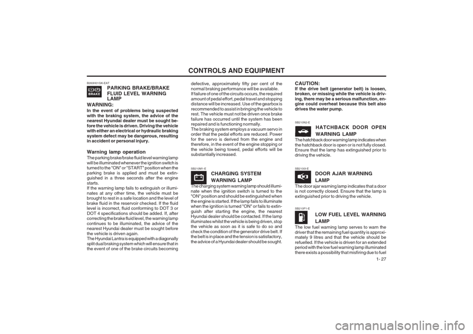 Hyundai Coupe 2002 Owners Guide CONTROLS AND EQUIPMENT1- 27
SB2100I-E
DOOR AJAR WARNING LAMP
The door ajar warning lamp indicates that a door is not correctly closed. Ensure that the lamp is extinguished prior to driving the vehicle
