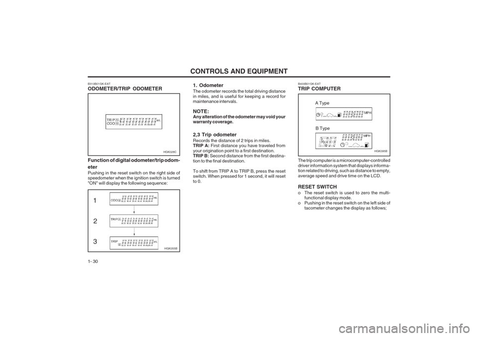 Hyundai Coupe 2002 Owners Guide CONTROLS AND EQUIPMENT
1- 30 The trip computer is a microcomputer-controlled driver information system that displays informa- tion related to driving, such as distance to empty, average speed and driv
