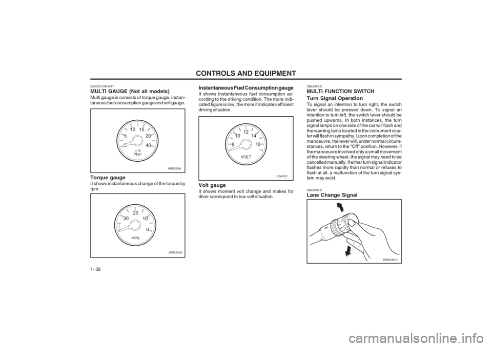 Hyundai Coupe 2002  Owners Manual CONTROLS AND EQUIPMENT
1- 32 Instantaneous Fuel Consumption gauge It shows instantaneous fuel consumption ac- cording to the driving condition. The more indi- cated figure is low, the more it indicate