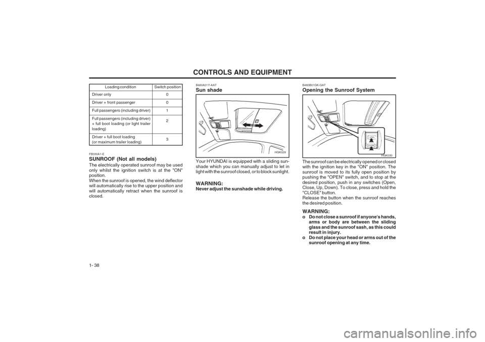 Hyundai Coupe 2002 Service Manual CONTROLS AND EQUIPMENT
1- 38
Loading conditionSwitch position
Driver only Driver + front passengerFull passengers (including driver) Full passengers (including driver) + full boot loading (or light tr Hyundai Coupe 2002 Service Manual CONTROLS AND EQUIPMENT
1- 38
Loading conditionSwitch position
Driver only Driver + front passengerFull passengers (including driver) Full passengers (including driver) + full boot loading (or light tr