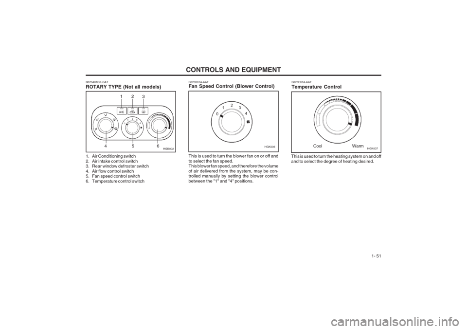 Hyundai Coupe 2002 Workshop Manual CONTROLS AND EQUIPMENT1- 51
HGK002
B670A01GK-GAT ROTARY TYPE (Not all models)
This is used to turn the heating system on and off and to select the degree of heating desired.B670E01A-AAT Temperature Co Hyundai Coupe 2002 Workshop Manual CONTROLS AND EQUIPMENT1- 51
HGK002
B670A01GK-GAT ROTARY TYPE (Not all models)
This is used to turn the heating system on and off and to select the degree of heating desired.B670E01A-AAT Temperature Co