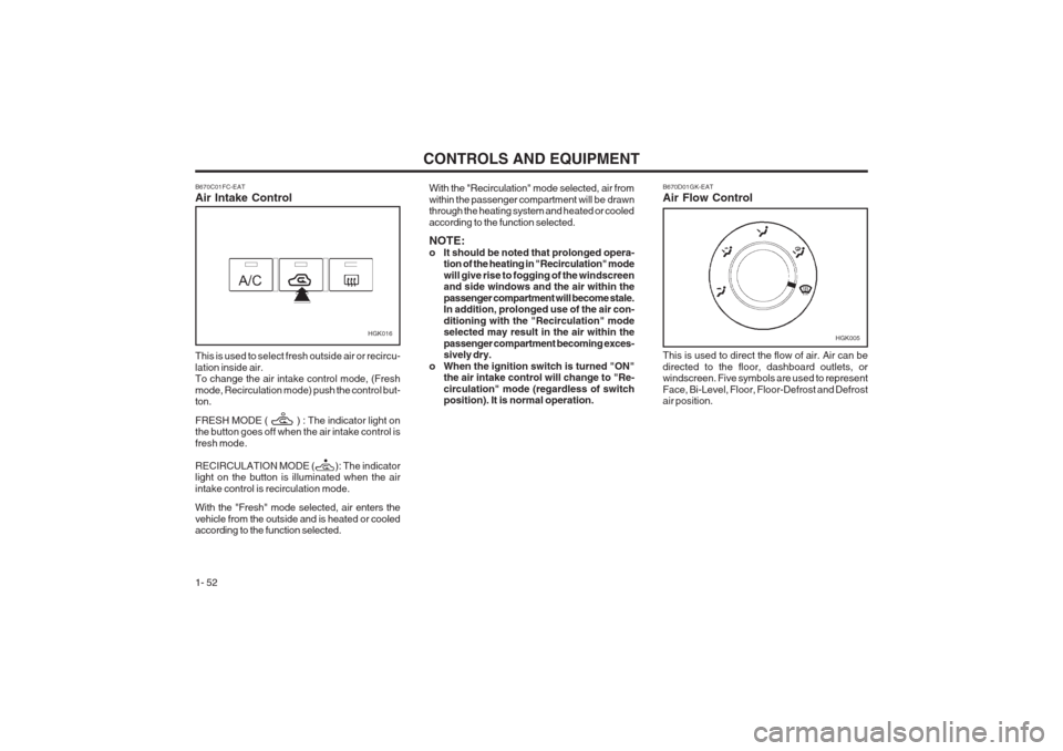 Hyundai Coupe 2002 Workshop Manual CONTROLS AND EQUIPMENT
1- 52
HGK016 B670D01GK-EAT Air Flow Control This is used to direct the flow of air. Air can be directed to the floor, dashboard outlets, or windscreen. Five symbols are used to Hyundai Coupe 2002 Workshop Manual CONTROLS AND EQUIPMENT
1- 52
HGK016 B670D01GK-EAT Air Flow Control This is used to direct the flow of air. Air can be directed to the floor, dashboard outlets, or windscreen. Five symbols are used to