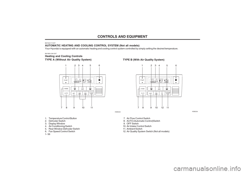 Hyundai Coupe 2002 Repair Manual CONTROLS AND EQUIPMENT
1- 56
B970A01Y-EAT AUTOMATIC HEATING AND COOLING CONTROL SYSTEM (Not all models) Your Hyundai is equipped with an automatic heating and cooling control system controlled by simp