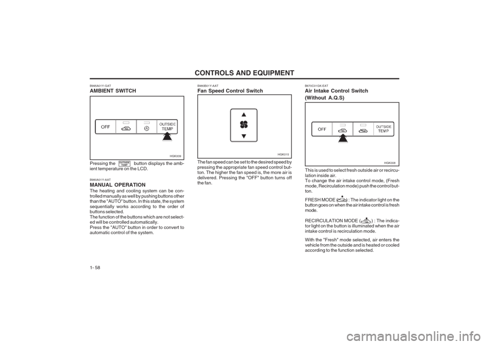 Hyundai Coupe 2002 Repair Manual CONTROLS AND EQUIPMENT
1- 58 B980B01Y-AAT Fan Speed Control Switch
HGK015
The fan speed can be set to the desired speed by pressing the appropriate fan speed control but- ton. The higher the fan speed