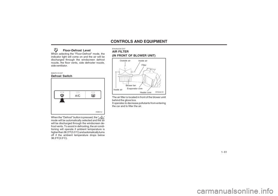 Hyundai Coupe 2002 Repair Manual CONTROLS AND EQUIPMENT1- 61
B760A01E
The air filter is located in front of the blower uniit behind the glove box. It operates to decrease pollutants from entering the car and to filter the air.
Evapor