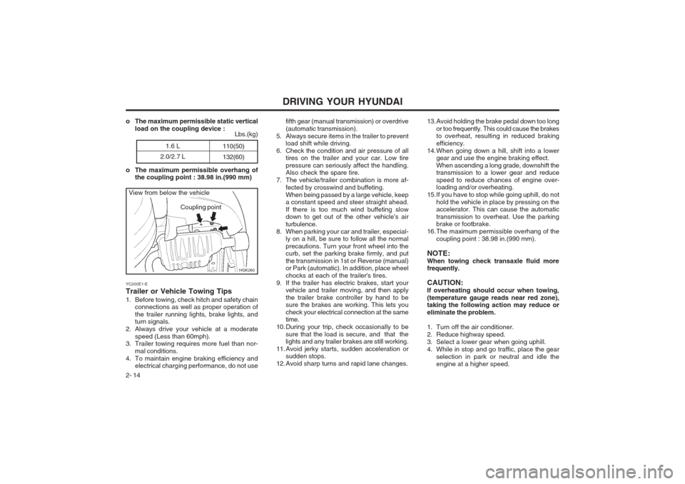 Hyundai Coupe 2002  Owners Manual DRIVING YOUR HYUNDAI
2- 14
Coupling point
HGK260
View from below the vehicle 13. Avoid holding the brake pedal down too long
or too frequently. This could cause the brakes to overheat, resulting in re